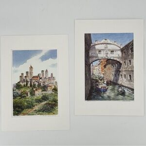 San Gimignano Medieval Hill & Bridge of Sighs Watercolor Signed Prints